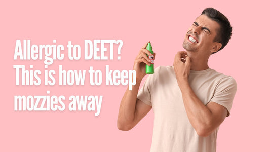 Image of man spraying mosquito repellent on himself with text that says "Allergic to DEET? This is how to keep mozzies away"